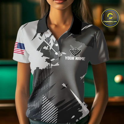Woman wearing a grey grunge 8 ball custom billiard jersey front view, personalized pool team shirt.