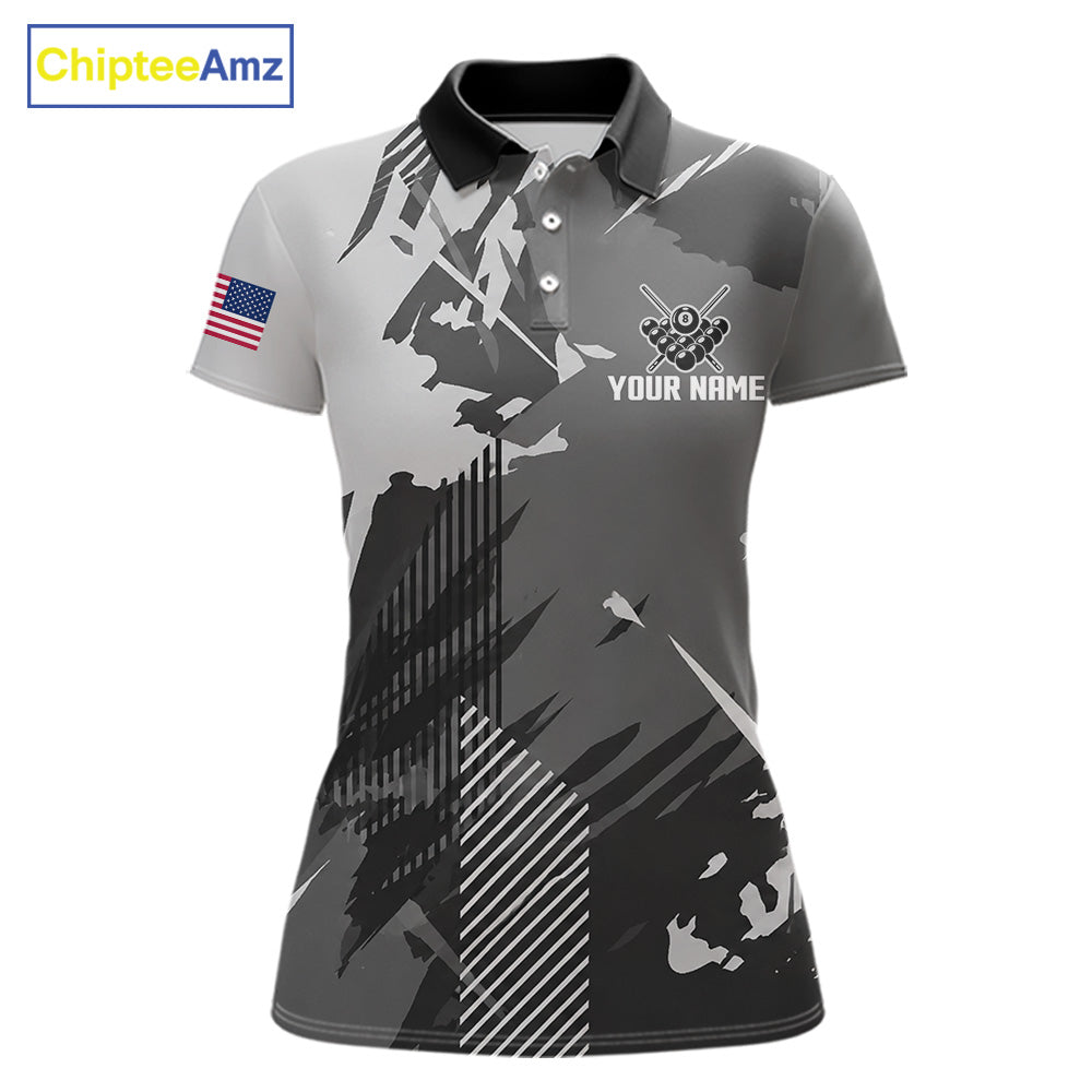 Grey grunge 8 ball custom billiard polo shirt for women, personalized pool team jersey for tournaments.