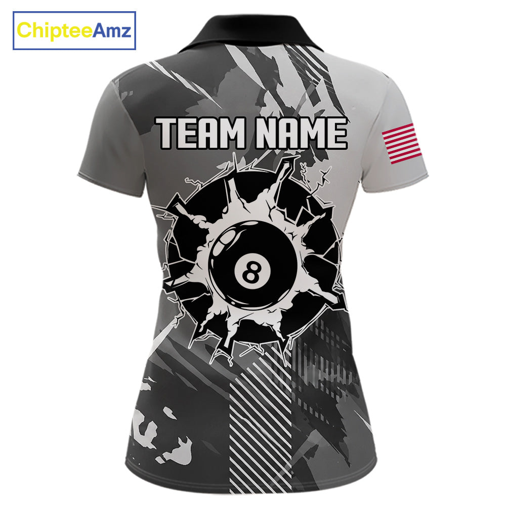 Grey grunge 8 ball pool team polo shirt with custom billiard graphics, personalized billiard team jersey.