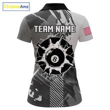Load image into Gallery viewer, Grey grunge 8 ball pool team polo shirt with custom billiard graphics, personalized billiard team jersey.