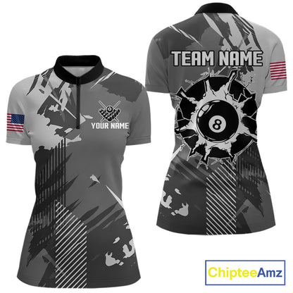 Grey grunge 8 ball quarter zip billiard shirt for women, custom pool team jersey and tournament apparel.