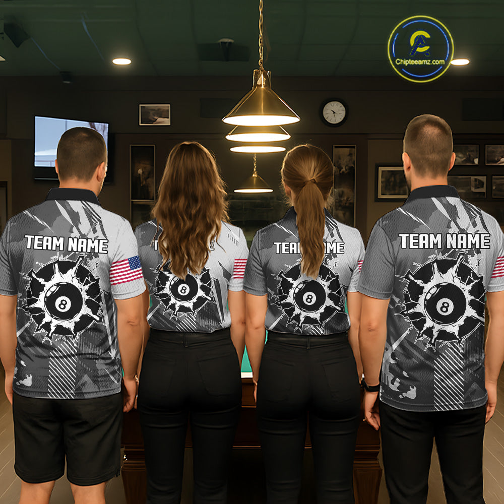 Back view of pool players wearing matching grey grunge 8 ball billiard team shirts and custom pool jerseys.