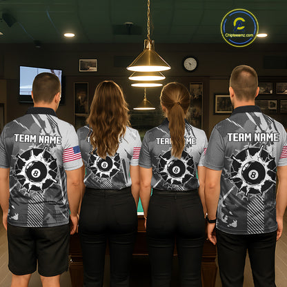 Back view of pool players wearing matching grey grunge 8 ball billiard team shirts and custom pool jerseys.
