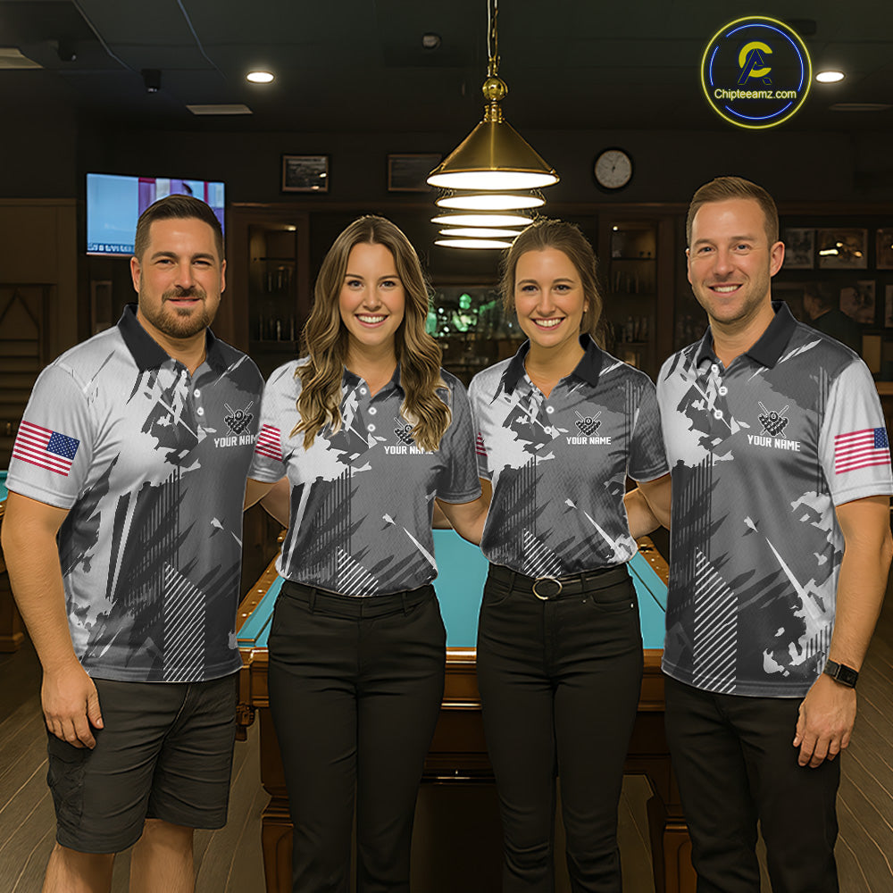 Pool team wearing matching grey grunge 8 ball custom billiard jerseys during tournament competition front view.