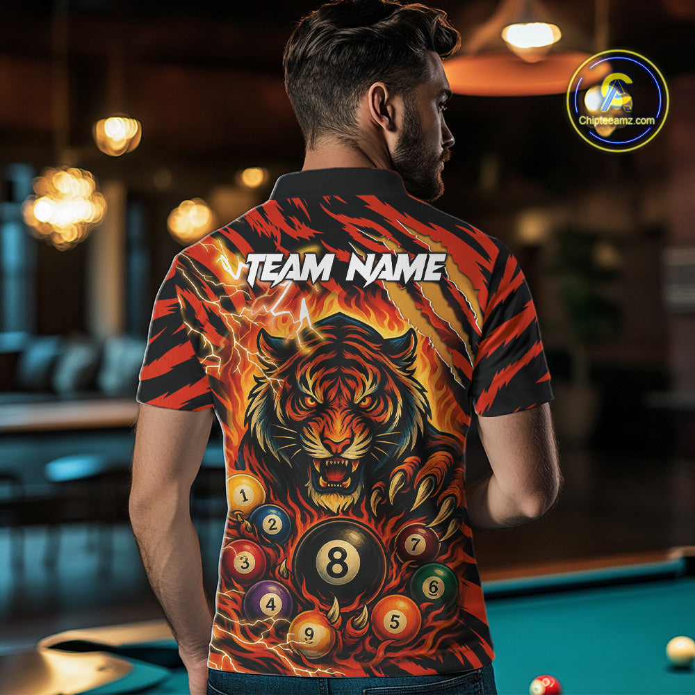 Back view of man wearing an orange flaming tiger 8 ball billiard team jersey, custom pool tournament shirt.