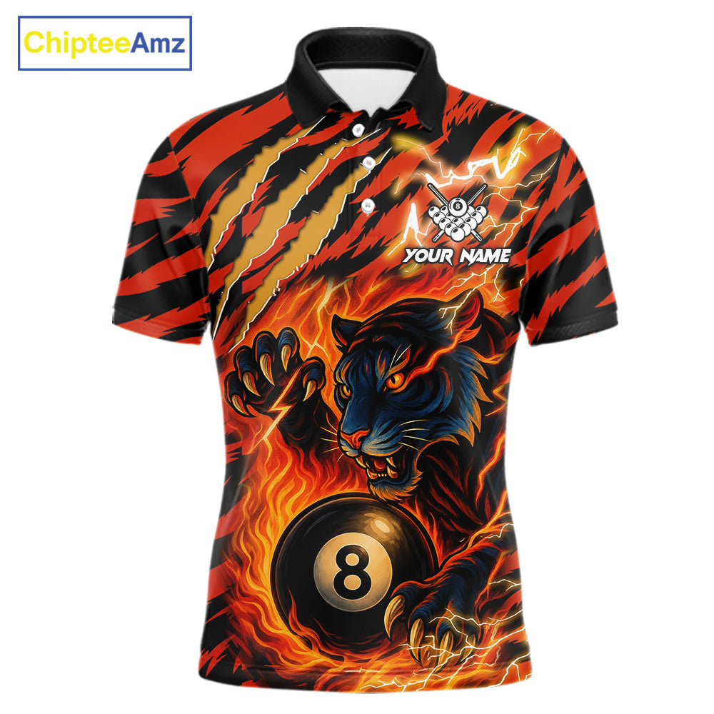 Orange flaming tiger 8 ball pool team polo shirt with custom billiard graphics, personalized billiard team jersey.