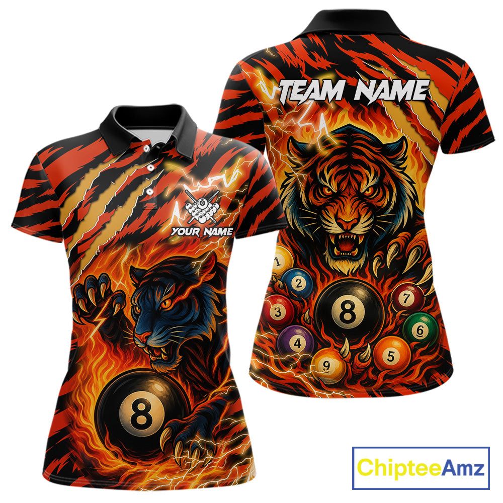 Orange flaming tiger 8 ball custom billiard polo shirt for women, personalized pool team jersey for tournaments.