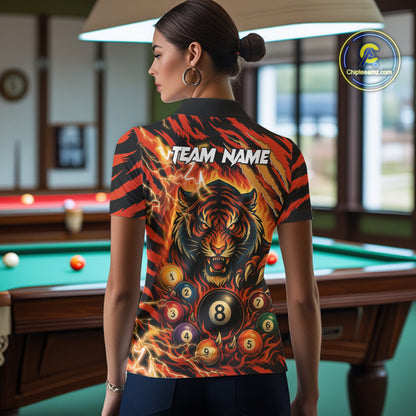 Back view of woman wearing an orange flaming tiger 8 ball billiard team jersey, custom pool tournament shirt.