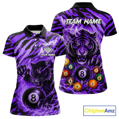 Purple flaming tiger 8 ball custom billiard polo shirt for women, personalized pool team jersey for tournaments.