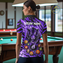 Load image into Gallery viewer, Back view of woman wearing a purple flaming tiger 8 ball billiard team jersey, custom pool tournament shirt.