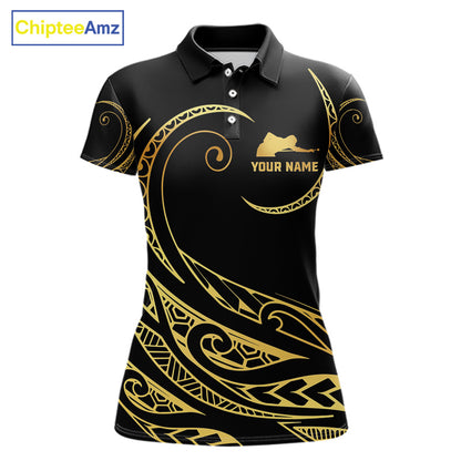Custom Black and Gold 9 Ball Tribal Pattern Polo Shirt Designed for Personalized Billiard Team Jerseys with Elegant Graphics and Athletic Performance Style
