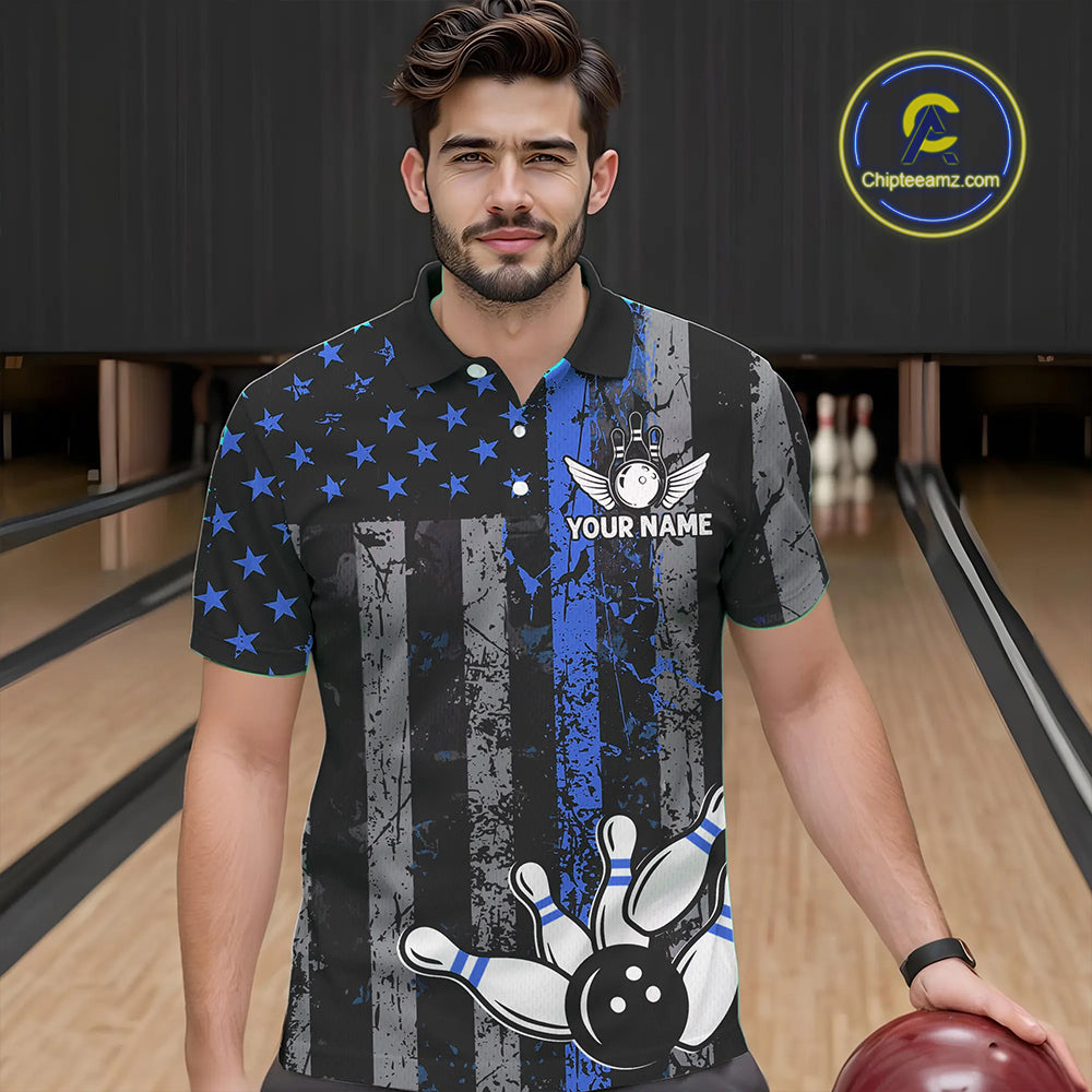Blue Grunge American Flag Patriotic Bowling Shirt For Men Custom Bowling Team Jersey Polo, 1/4 Zip TDM4851