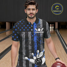 Load image into Gallery viewer, Blue Grunge American Flag Patriotic Bowling Shirt For Men Custom Bowling Team Jersey Polo, 1/4 Zip TDM4851