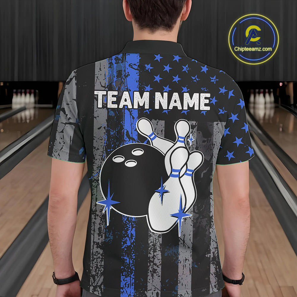 Blue Grunge American Flag Patriotic Bowling Shirt For Men Custom Bowling Team Jersey Polo, 1/4 Zip TDM4851
