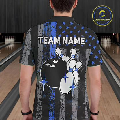 Blue Grunge American Flag Patriotic Bowling Shirt For Men Custom Bowling Team Jersey Polo, 1/4 Zip TDM4851