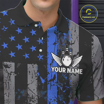 Blue Grunge American Flag Patriotic Bowling Shirt For Men Custom Bowling Team Jersey Polo, 1/4 Zip TDM4851