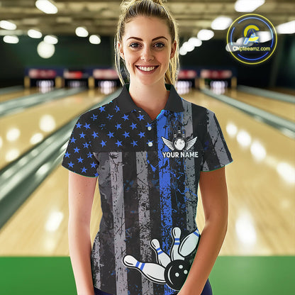 Blue Grunge American Flag Patriotic Bowling Shirt For Women Custom Bowling Team Jersey Polo, 1/4 Zip TDM4851