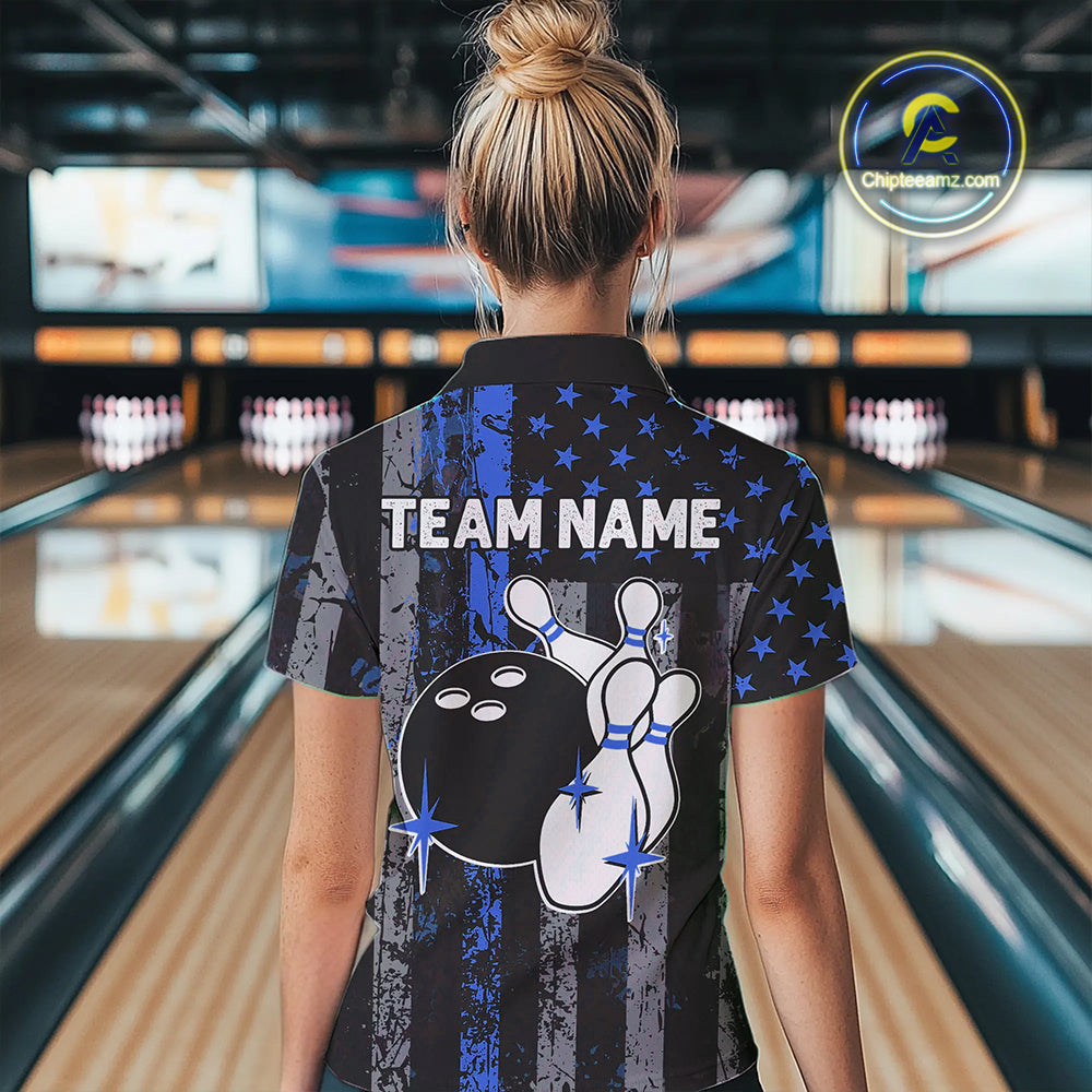 Blue Grunge American Flag Patriotic Bowling Shirt For Women Custom Bowling Team Jersey Polo, 1/4 Zip TDM4851