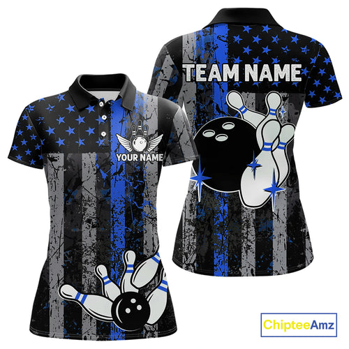 Blue Grunge American Flag Patriotic Bowling Shirt For Women Custom Bowling Team Jersey Polo, 1/4 Zip TDM4851