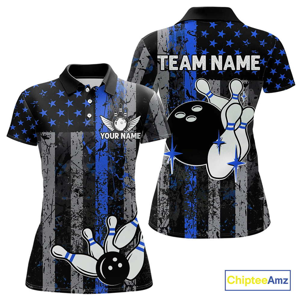 Blue Grunge American Flag Patriotic Bowling Shirt For Women Custom Bowling Team Jersey Polo, 1/4 Zip TDM4851
