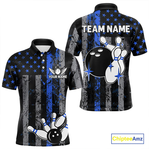 Blue Grunge American Flag Patriotic Bowling Shirt For Men Custom Bowling Team Jersey Polo, 1/4 Zip TDM4851