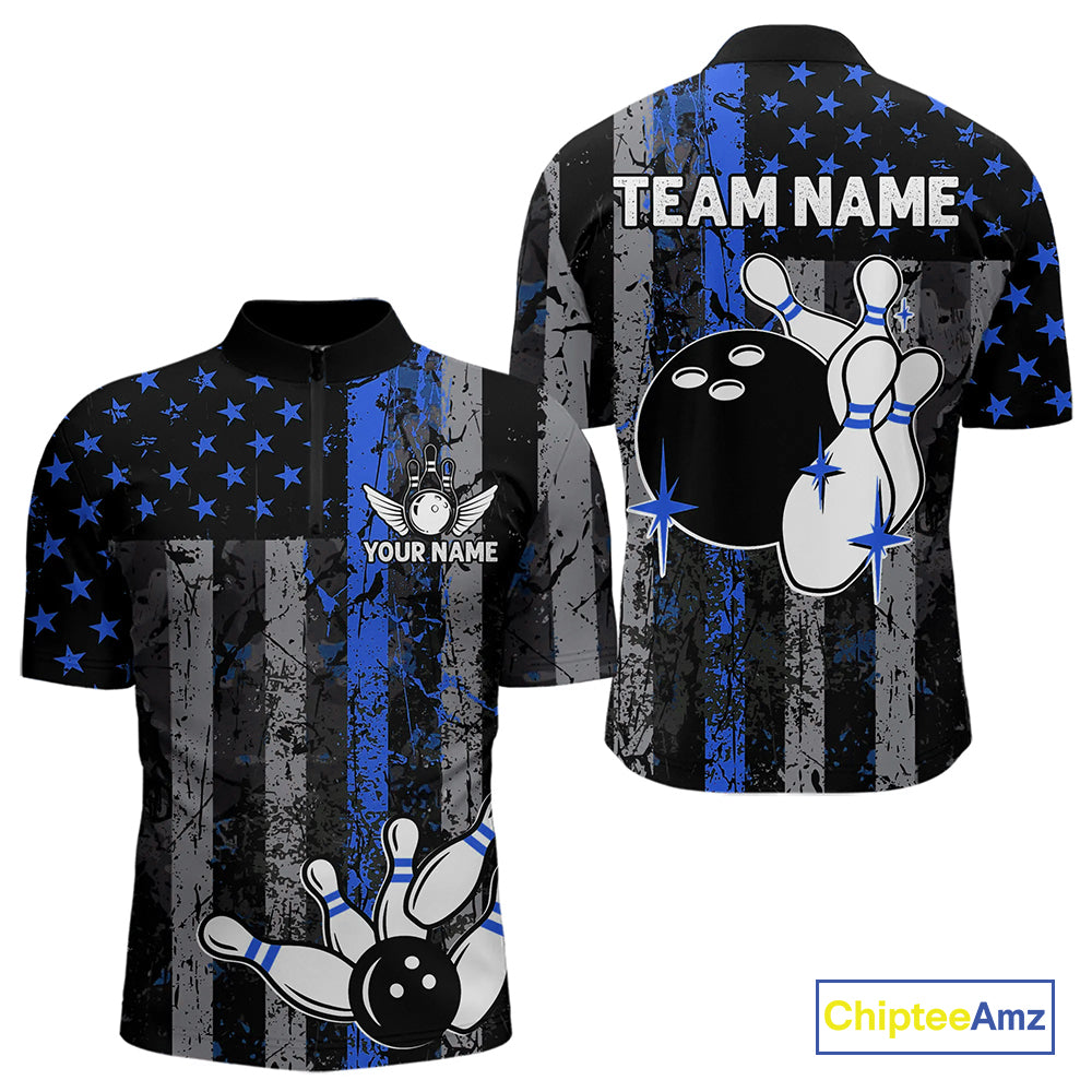 Blue Grunge American Flag Patriotic Bowling Shirt For Men Custom Bowling Team Jersey Polo, 1/4 Zip TDM4851