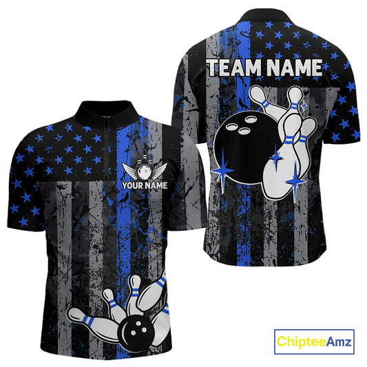 Blue Grunge American Flag Patriotic Bowling Shirt For Men Custom Bowling Team Jersey Polo, 1/4 Zip TDM4851