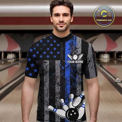 Blue Grunge American Flag Patriotic Bowling Shirt For Men Custom Bowling Team Jersey Polo, 1/4 Zip TDM4851