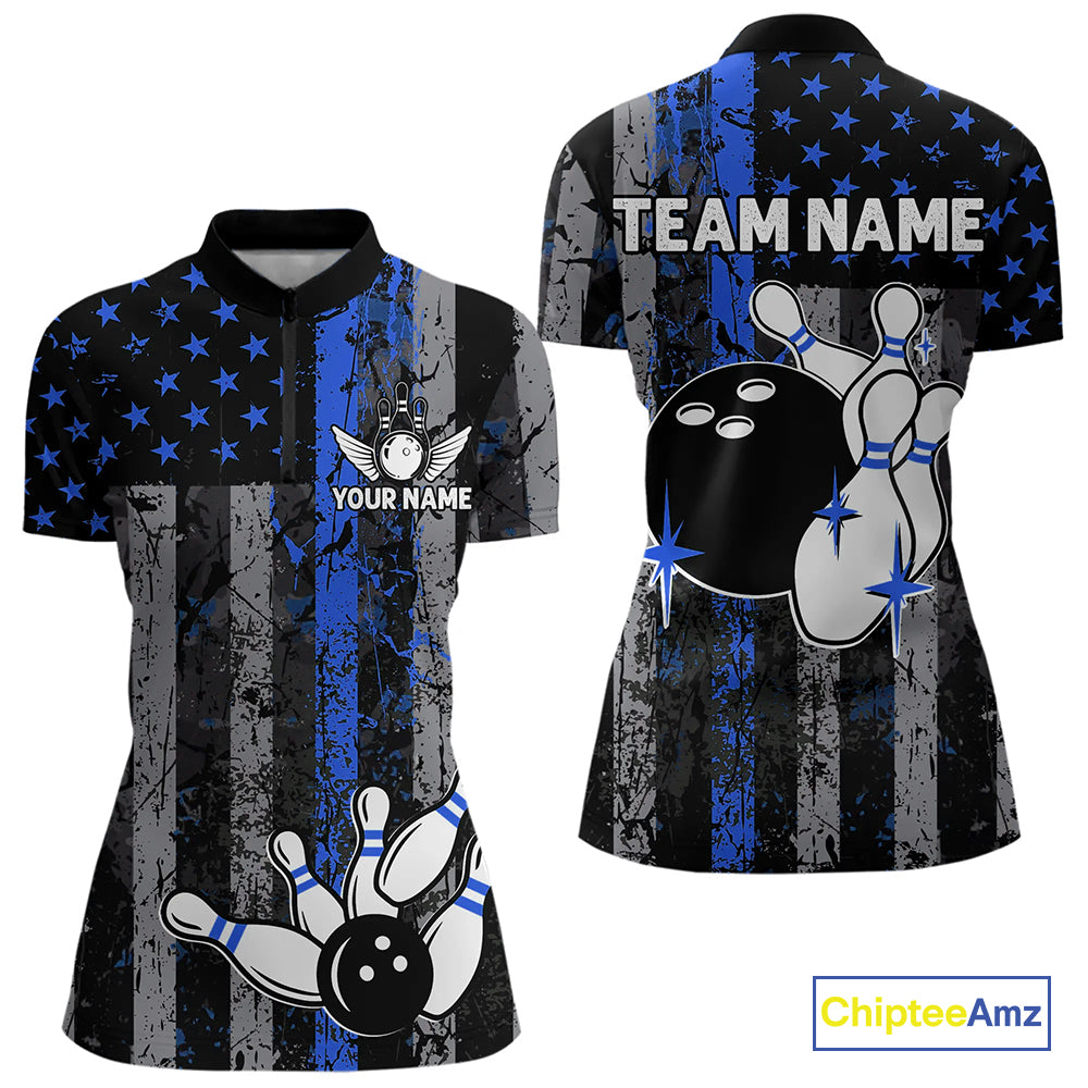 Blue Grunge American Flag Patriotic Bowling Shirt For Women Custom Bowling Team Jersey Polo, 1/4 Zip TDM4851
