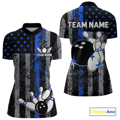 Blue Grunge American Flag Patriotic Bowling Shirt For Women Custom Bowling Team Jersey Polo, 1/4 Zip TDM4851
