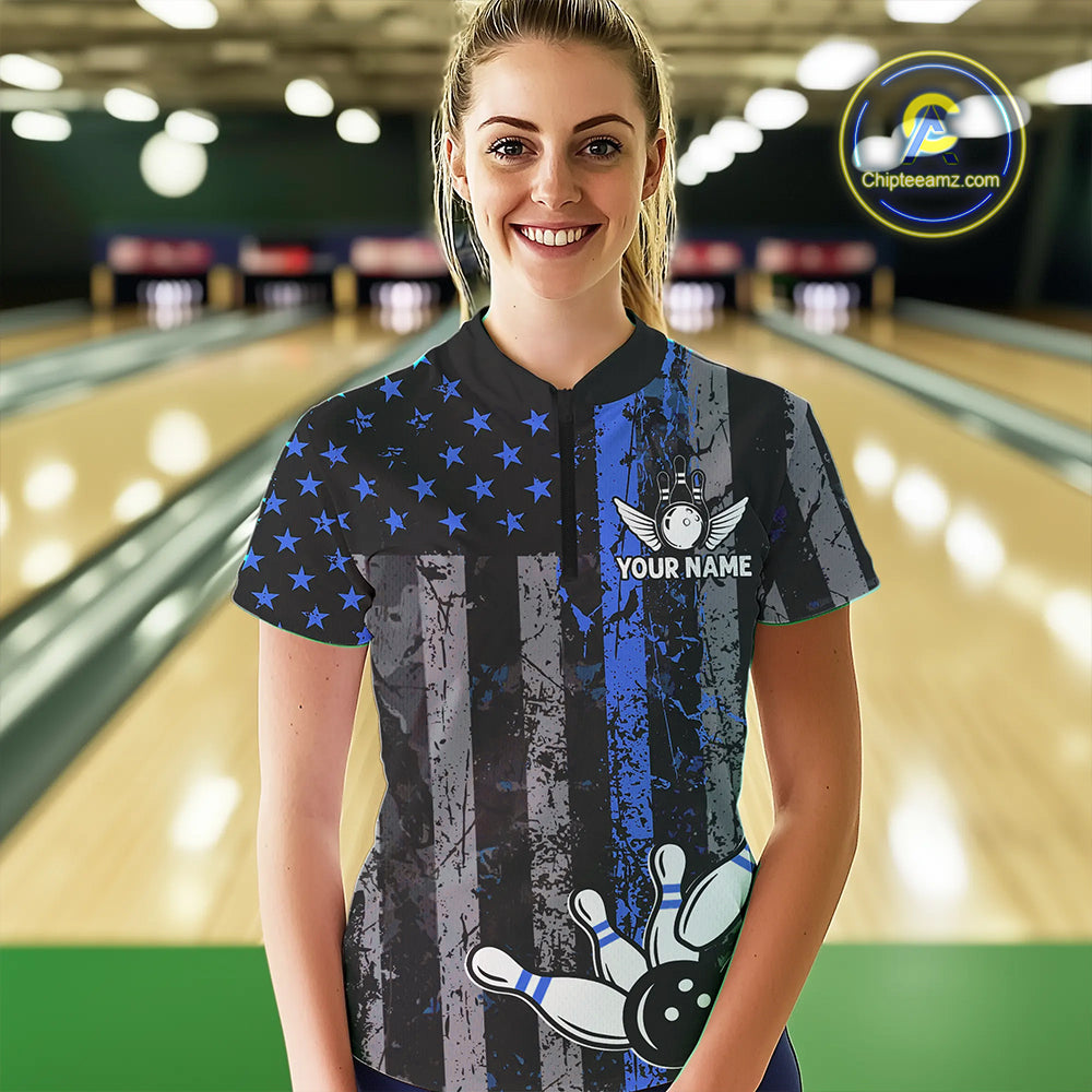 Blue Grunge American Flag Patriotic Bowling Shirt For Women Custom Bowling Team Jersey Polo, 1/4 Zip TDM4851
