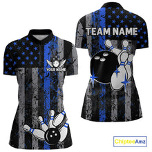 Load image into Gallery viewer, Blue Grunge American Flag Patriotic Bowling Shirt For Women Custom Bowling Team Jersey Polo, 1/4 Zip TDM4851