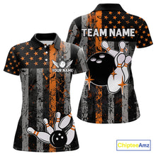 Load image into Gallery viewer, Orange Grunge American Flag Patriotic Bowling Shirts For Women Custom Bowling Team Jerseys TDM4852