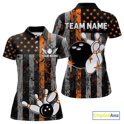 Orange Grunge American Flag Patriotic Bowling Shirts For Women Custom Bowling Team Jerseys TDM4852