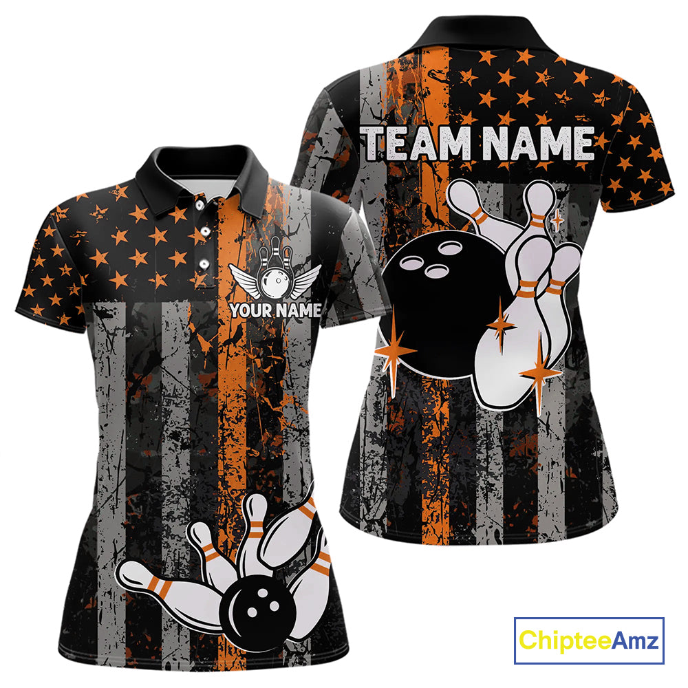 Orange Grunge American Flag Patriotic Bowling Shirts For Women Custom Bowling Team Jerseys TDM4852