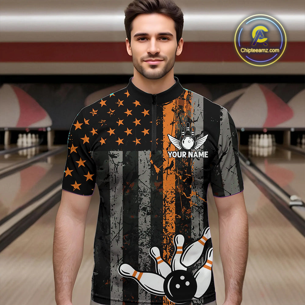 Orange Grunge American Flag Patriotic Bowling Shirts For Men Custom Bowling Team Jerseys TDM4852