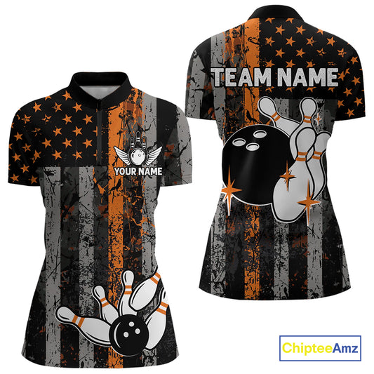 Orange Grunge American Flag Patriotic Bowling Shirts For Women Custom Bowling Team Jerseys TDM4852