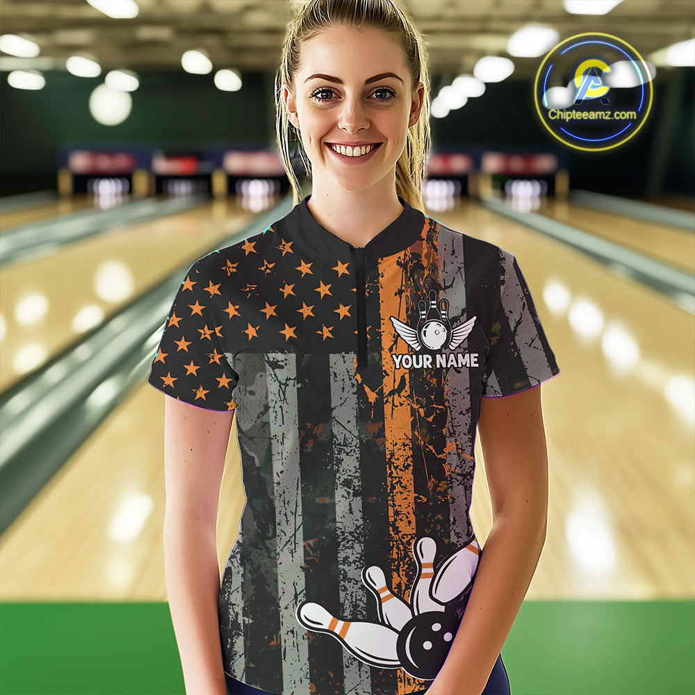 Orange Grunge American Flag Patriotic Bowling Shirts For Women Custom Bowling Team Jerseys TDM4852