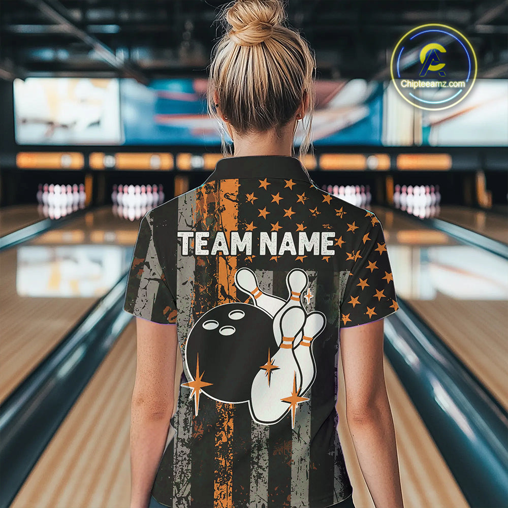 Orange Grunge American Flag Patriotic Bowling Shirts For Women Custom Bowling Team Jerseys TDM4852