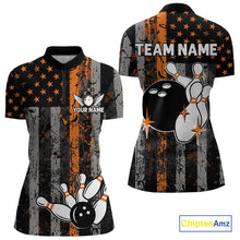 Load image into Gallery viewer, Orange Grunge American Flag Patriotic Bowling Shirts For Women Custom Bowling Team Jerseys TDM4852