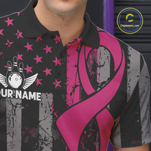 Load image into Gallery viewer, Custom Pink Ribbon Grunge US Flag Patriotic Bowling Shirt For Men, Breast Cancer Bowling Jerseys TDM4853