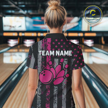 Load image into Gallery viewer, Custom Pink Ribbon Grunge US Flag Patriotic Bowling Shirt For Women, Breast Cancer Bowling Jerseys TDM4853