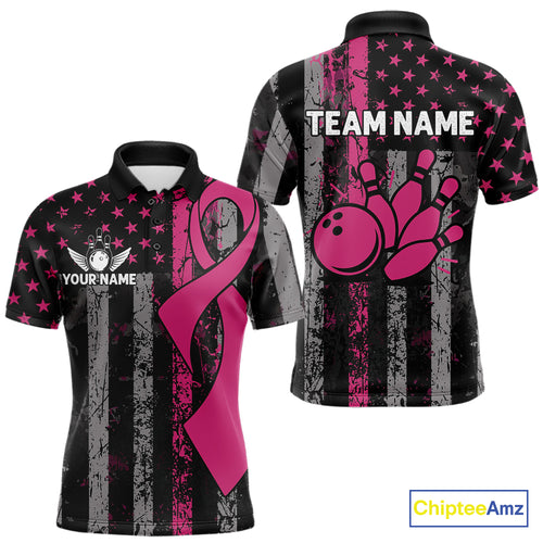 Custom Pink Ribbon Grunge US Flag Patriotic Bowling Shirt For Men, Breast Cancer Bowling Jerseys TDM4853