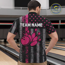 Load image into Gallery viewer, Custom Pink Ribbon Grunge US Flag Patriotic Bowling Shirt For Men, Breast Cancer Bowling Jerseys TDM4853