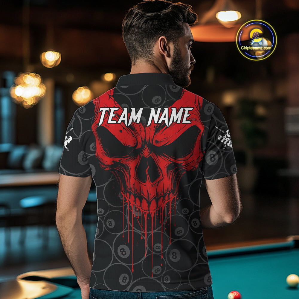 Personalized Skull 8 Ball Billiard Shirt For Men Custom Pool Team Jersey Polo & 1/4 Zip |Red TDM5069
