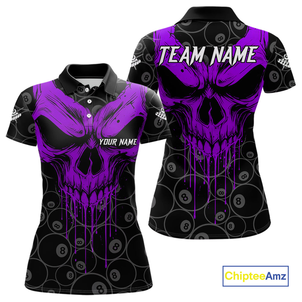 Personalized Skull 8 Ball Billiard Shirt For Women Custom Pool Team Jersey Polo & 1/4 Zip |Purple TDM5070