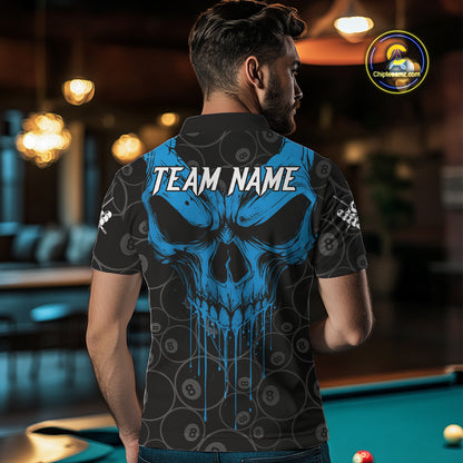 Personalized Skull 8 Ball Billiard Shirt For Men Custom Pool Team Jersey Polo & 1/4 Zip |Blue TDM5071