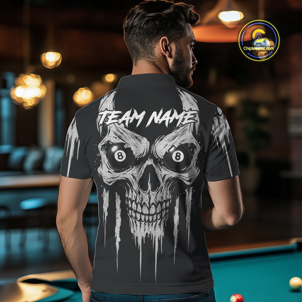 White Black Grunge Skull Billiard Jersey For Men Custom 8 Ball Pool Billiard Shirt Polo & 1/4 Zip TDM5073