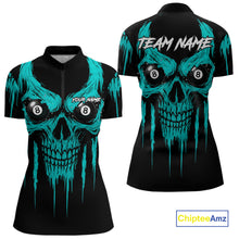 Load image into Gallery viewer, Turquoise Grunge Skull Billiard Jersey For Women Custom 8 Ball Pool Billiard Shirt Polo &amp; 1/4 Zip TDM5074