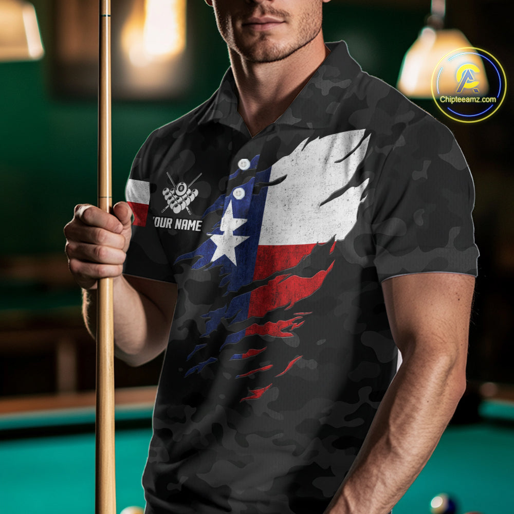 Personalized Texas American Flag Camo Billiard Shirt For Men Custom Patriotic Pool Team Jersey TDM5542